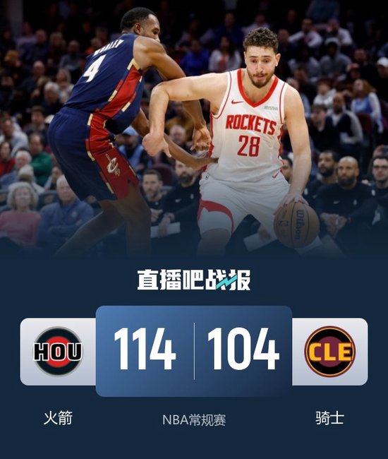 火箭力克骑士迎5连胜！申京28+11+7 KD20分 霍勒迪末节14分