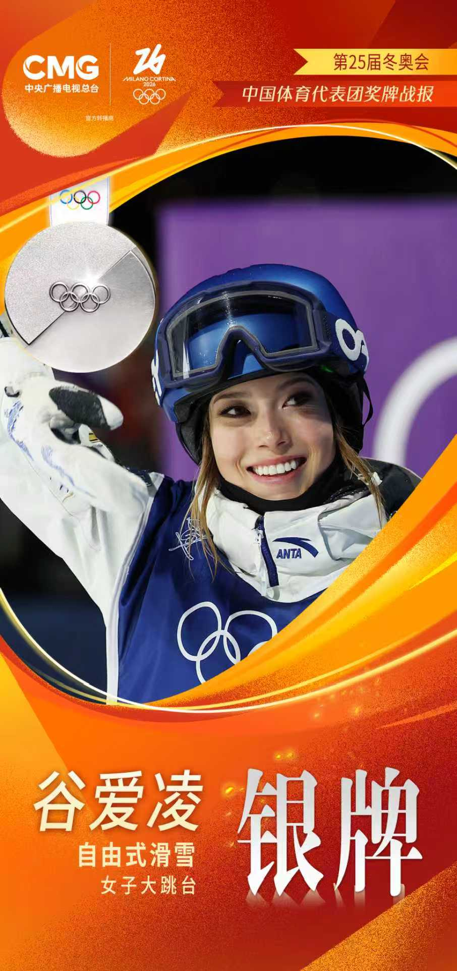 谷爱凌夺得米兰冬奥会自由式滑雪女子大跳台银牌
